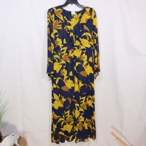 Cabi Floral Mesh Maxi Dress S Navy Yellow Womens Ruffle V-Neck Long Sleeve Gown